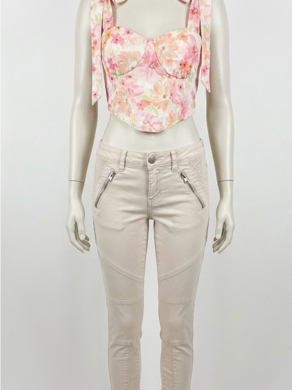 2pc Set: American Eagle Pink Moto Jeggings 4 & SHEIN Floral Bustier Crop Top M